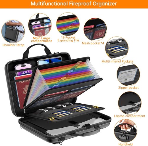 Fireproof Document Organizer - Hard-Shell Case with Lock & Shoulder Strap | Portable 13-Pocket File Folder - Black