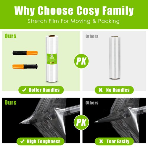 Cosy Family Plastic Wrap Stretch Film Roll - 1000ft 60 Gauge Industrial Strength 18 inch Wide Clear Plastic Wrap Roll with Handles for Pallet Wrapping Shipping Moving - Clear, Pack of 2