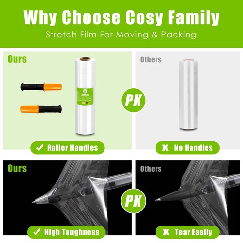 Cosy Family Plastic Wrap Stretch Film Roll - 1000ft 60 Gauge Industrial Strength 18 inch Wide Clear Plastic Wrap Roll with Handles for Pallet Wrapping Shipping Moving - Clear, Pack of 4