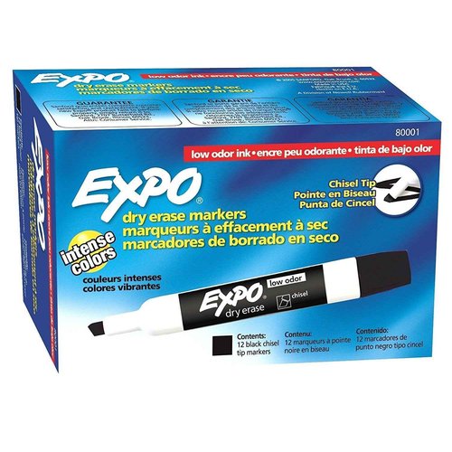 EXPO 80001 Low Odor Chisel Point Dry Erase Markers, Low Odor Alcohol-Based Ink, Designed for Whiteboards, Glass and Most Non-Porous Surfaces, Black, 12 Units per Box, Pack of 6 Boxes, 72 Markers Total