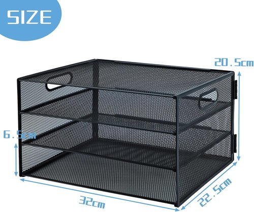 Skiennix 3-Tier Desk Organizer - Pull-Out Mesh File Tray for A4 Paper Storage | Black