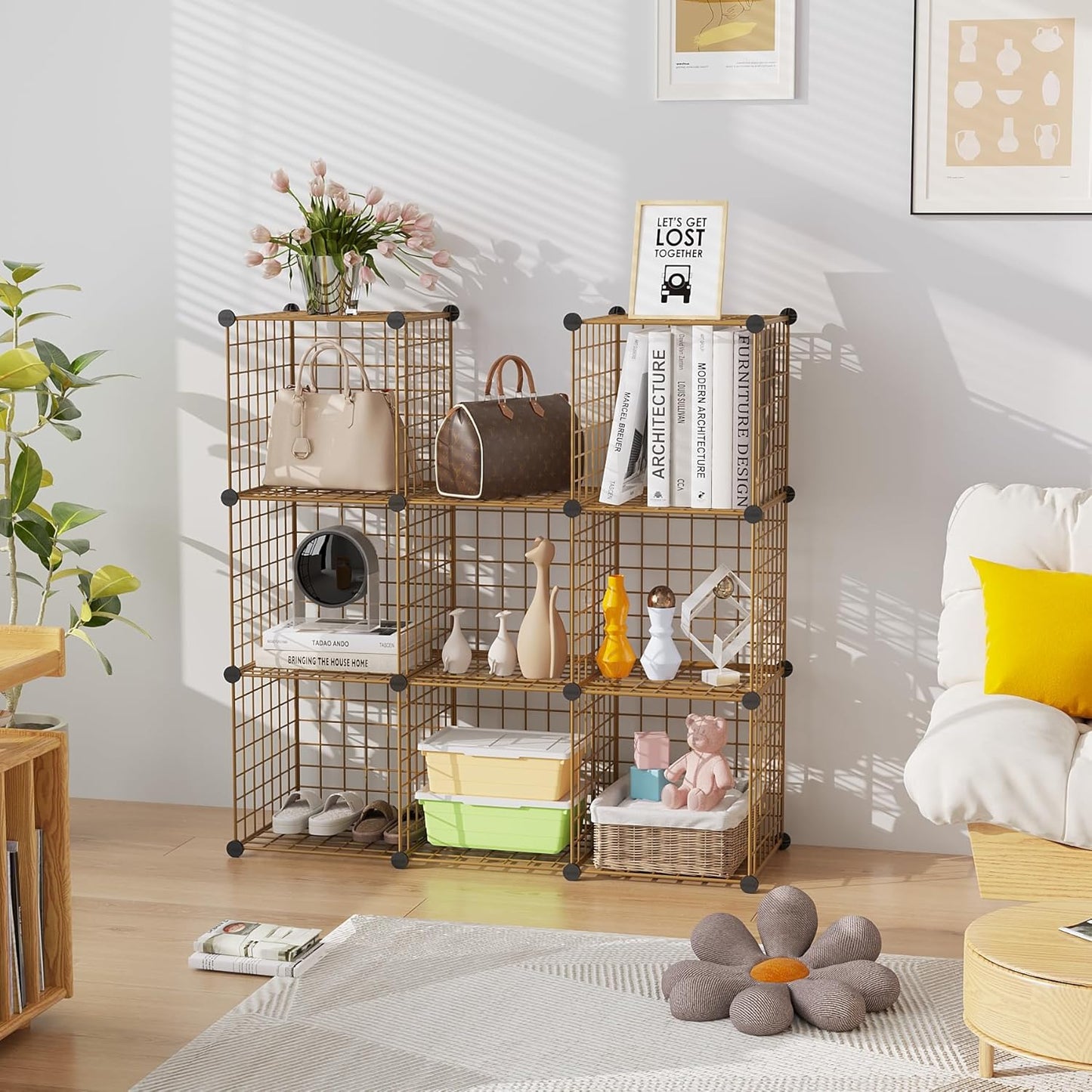 C&AHOME Wire Cube Storage - 9-Cube Organizer with Modular Metal Grids | Ideal for Home & Office, Brown, 36.6”L x 12.4”W x 48.4”H
