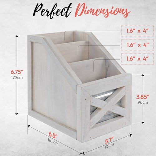Autumn Alley Rustic Farmhouse Desk Organizer - 3-Slot Multiple Compartment Remote Control Storage Caddy, Barn Door Remote Holder - White