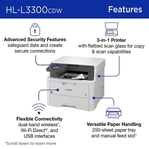Brother HL-L3300CDW Wireless Digital Color Multi-Function Printer with Laser Quality Output, Copy & Scan, Duplex, Mobile | Includes 2 Month Refresh Subscription Trial ¹, Works with Alexa