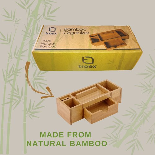 TROEX Bamboo Desk Organizer – Durable Office Wood Desk Organizer with Drawers, Storage Compartments, Pen Holder, and Phone Holder- Home and Office Desk Organizers and Accessories