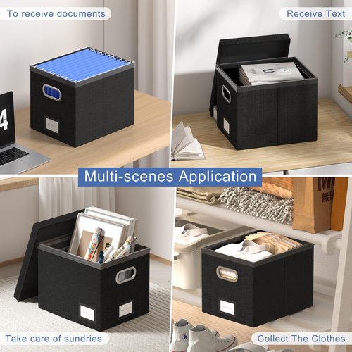 GRSQYS File Organizer Box File Boxes for Hanging Files with Lid Set of 3 Decorative Hanging Folders Letter Size Organizer with One-Piece Plastic Frame Slides (13.2 * 10.1 * 10.1in(3Pack), Black)