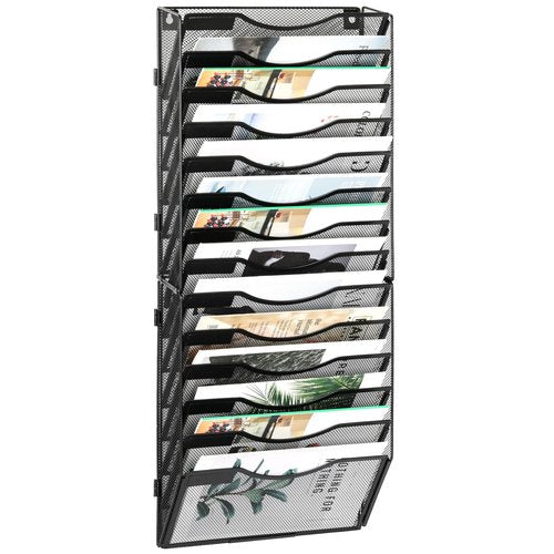 EasyPAG 14 Pocket Wall File Organizer, Black | Metal Mesh Wall Mounted File Holder | Assembly Hanging Mail Organizer | Replaceable Classify Labels | Office Home Letter Size Paper Storage