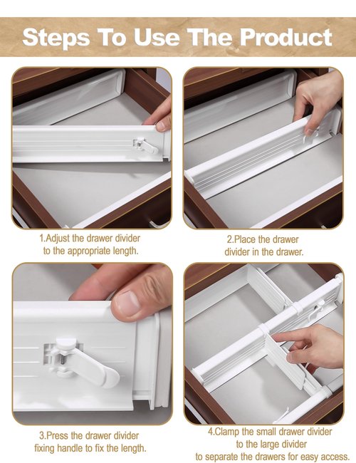 CeeVian Kitchen Drawer Dividers 4+4 Pack Drawer Divider Expandable Drawer Dividers Drawer Separators Splitter Plastic Drawers Separators for Dresser, Clothes, Kitchen and Office Storage
