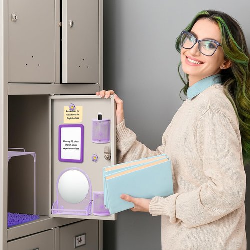 12 Pcs Locker Organizer Kit, First Day of School Essentials Includes Locker Shelf Rug Magnetic Mirror Magnetic Pen Holder Whiteboard Marker and Nails Locker Decoration for Classroom School (Purple)