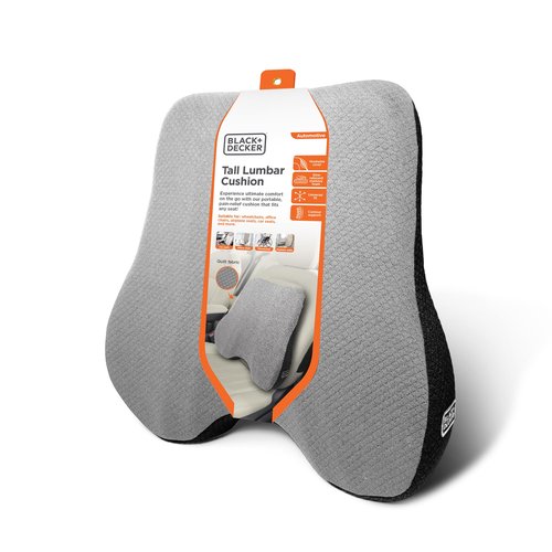BLACK+DECKER Memory Foam Lumbar Support Pillow – Lumbar Cushion for Office, Car, Wheelchair & Airplane – Ergonomic, Pain Relief, Adjustable Strap, Washable Cover, Grey/Black