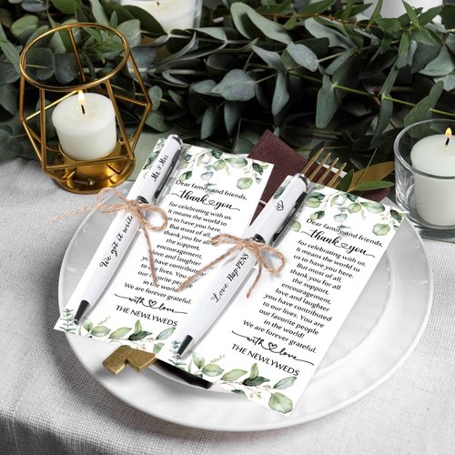 Affrolling 100 Sets Wedding Favors for Guests Bulk Retractable Ballpoint Pen Thank You Cards with Hemp Rope Bridal Shower Gift for Guest Wedding Souvenirs Newlyweds Party Supplies