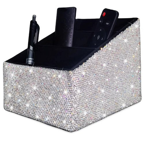 Bling Remote Control Holder with 3 Compartments, Rhinestone Storage Rack for Media Player, Heater Controllers Cosmetics Office, Decorative Desk Organizer Caddy,Diamond Nightstand Organizer for Women