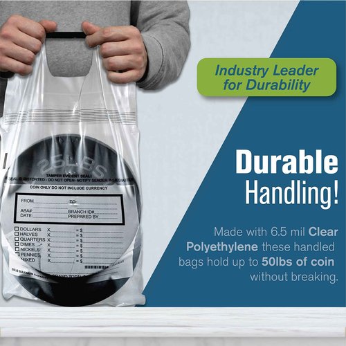 BankSupplies Poly Coin Bags 13 x 22 Inches, 50 Pack, Tamper Evident Seal, Single Handled, Holds Up to 50 lbs of Coin, Sequential Numbering with Tear Off Receipt