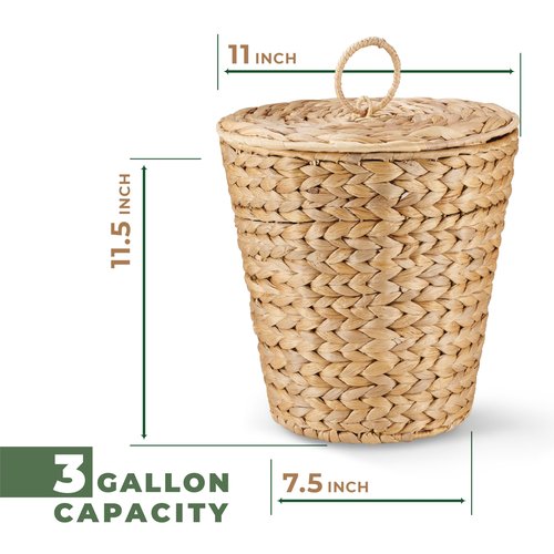 84ECO 3 Gallon Wicker Trash Can with Lid and Liner - Rattan Trash Can - Wicker Waste Basket for Bathroom, Bedroom, Kitchen, Living Room