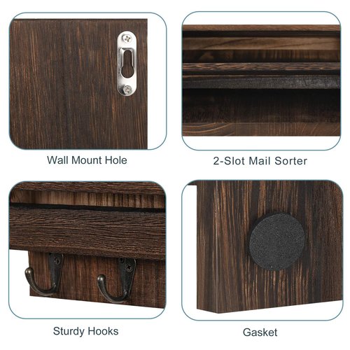 Mail Holder for Wall, Wooden Mail Sorter with 4 Key Hooks, 2 Slot Wall Mounted Mail Sorter Letter Bills Newspaper Magazine Organizer for Entryroom Hallway Office Garage, Rustic Brown
