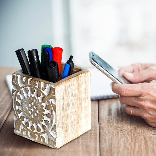 Mela Artisans Wooden Pen Jar (Whitewash), “Ajenta” Pen Holder for Desk – Wooden Desk Organizer, Art Supplies & White Pencil Cup for Office, & Home – Decorative Desk Supplies, 3.5” x 3.5” x 4”