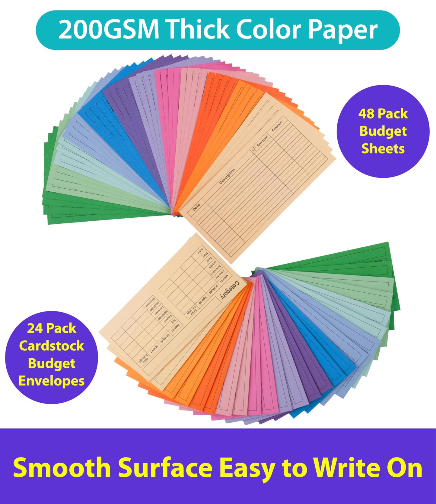 48 Pack Budget Sheets, 24 Pack Cardstock Envelopes, 7.0 x 3.5'' Cash Envelopes, 200gsm Thick, Budgeting System Includes PU Leather Pouch, 2 Year Supply Money Stuffing Organizer, Expense Tracker