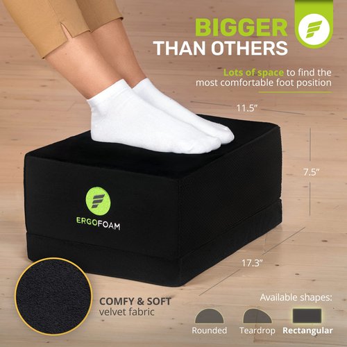 ErgoFoam Adjustable XL Foot Rest (Rectangular, Velvet, Black) and Orthopedic Donut Pillow Bundle