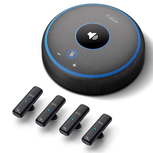 Canstr Conference Speaker with 4 Wireless Mics, USB Speakerphone with AI Noise Reduction&360° Voice Pickup, Conference Microphone Compatible with Leading Platforms (4 Wireless Mics)