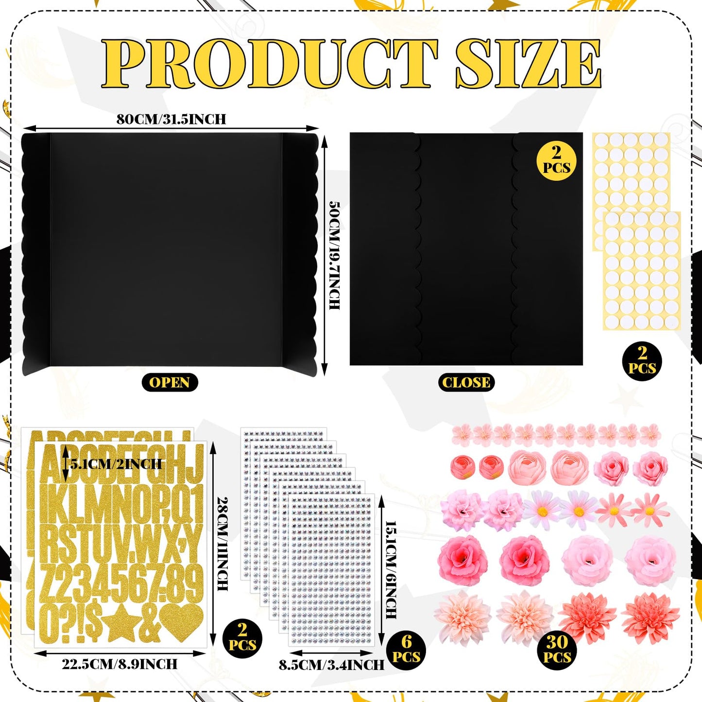 Marspark 2 Pack Large Graduation Photo Display Board 31.5 x 19.7 Inches Trifold Poster Board with Artificial Flowers for Class of 2026 Grad Party Picture Display Graduation Photo Frames Table Decor