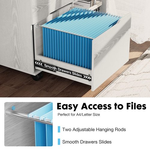 Sweetcrispy 3-Drawer File Cabinet, Lateral Mobile Filing Under Desk Storage Organizer with Wheels, Wood Printer Stand & Open Shelves for Home Office Organization - Natural White