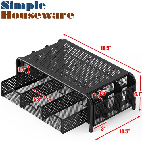 Simple Houseware Monitor Riser Stand with Pull-Out Drawer and Pen Holders, Black