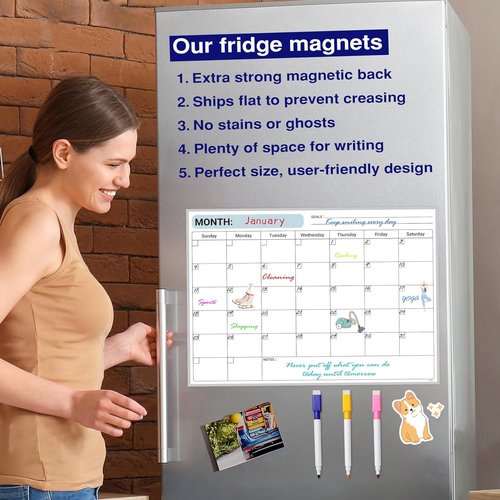 Magnetic Monthly Calendar by [Brand Name] - 17" x 12" Undated Fridge Planner with Erasable Blocks & 6 Markers