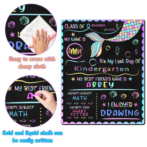 First & Last Day of School Chalkboard 10 x 12 Inch Double Sided Back to School Sign for Kids/Girls/Boys Washable Chalkboard Signs for Kindergarten & Pre-K Mermaid