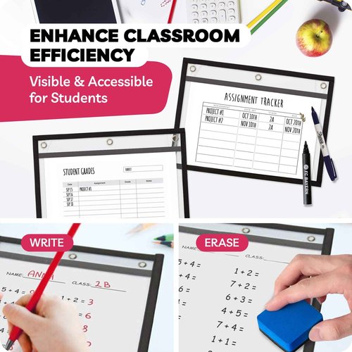 Job Ticket Holders 9x12 - (30 Pack), 8.5 x 11 Letter Size, Dry Erase Pockets, Clear & Black Plastic Sleeves - Reusable, Water-Resistant