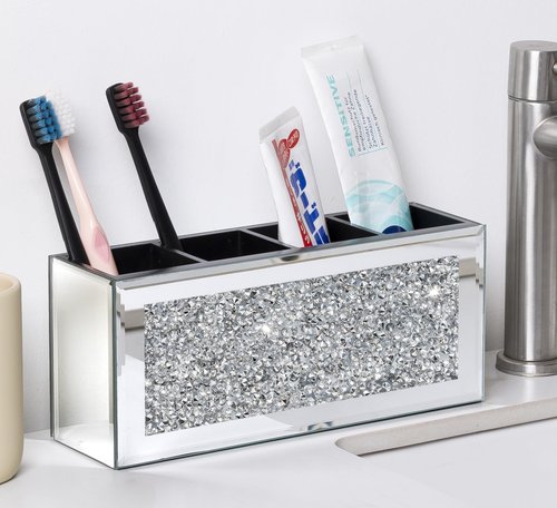 blingworld Mirrored Pen Holder 4 Compartments, Crushed Diamond Pencil Holder for Desk Glass Pen Organizer Cup for Countertop Accessory Storage, Silver