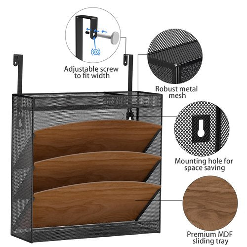 Aimeaihe Wall File Organizer, Wood Wall File Holder, 5 Tier Vertical Hanging Wall File Organizer, 3 Pockets Wall Mount File Holder with Top and Bottom Flat Tray for Office School Home, Black