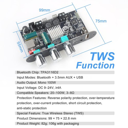 Wuzhi Audio ZK-1001U Mono Amplifier Board with TWS, 100W Power Output, Vehicle Amplifier Wide Voltage Input 9-24V, Supports USB/AUX/Bluetooth, Black