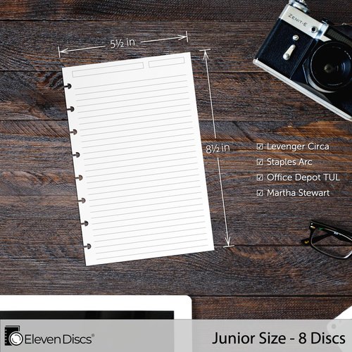 Eleven Discs Discbound Paper, Junior Size Ruled Sheets - Premium 120gsm Heavyweight Notebook & Planner Refills - 8 Discs, 5.5 x 8.5 in - Punched for Circa, Arc, TUL (50 Sheets)
