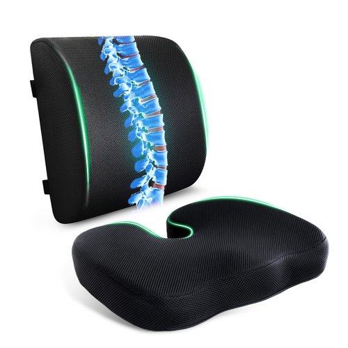 FuturaLoom Seat Cushion & Adjustable Lumbar Support Pillow Set,Charcoal Memory Foam for Sciatica,Back & Tailbone Pain Relief,Washable Cover & Non-Slip,Ergonomic for Office Chair,Car,Wheelchair -Black