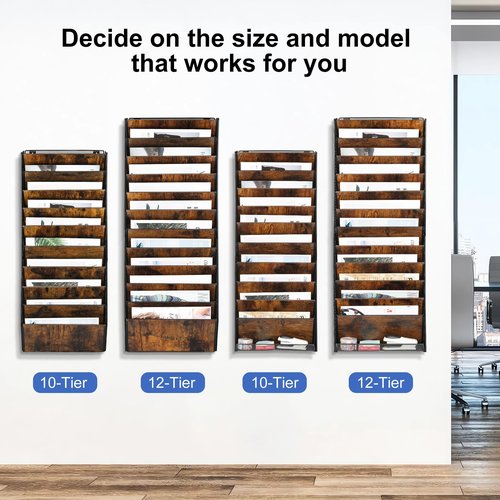 Solinxe 12-Pocket Wall File Organizer, Wood Mail Organizer Wall Mounted Paper Document Magazine Holder, Hanging Clipboard Storage Basket for Office Home School Organization, Black/Antique
