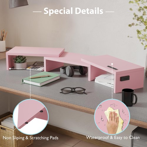 BONTEC Dual Monitor Stand for Desk, Adjustable Length and Angle Monitor Stand Riser with Smartphone Holder, Desk Shelf for Top of Desk, Computer Monitor Stand with Storage, Office Desk Organizer, Pink