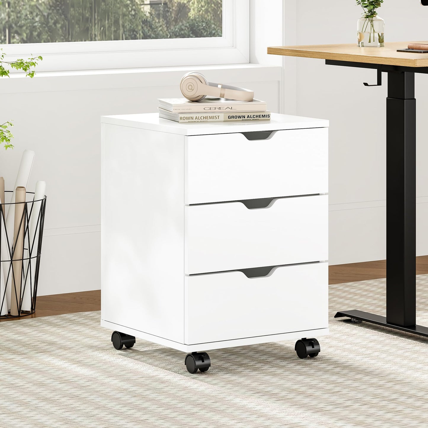 Farini 3-Drawer Under Desk Wooden File Cabinet with Lockable Caster Storage Cabinets for Home Office,White,Required Assembly
