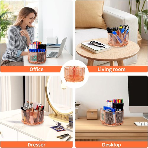 PNEUICALLY 360 Degree Rotate Pen Holder for Desk Mesh Desk Pen Organizer Pencil Holder Large Capacity Accessories & Workspace Organizers for School,Home (Rose Gold, No hook)