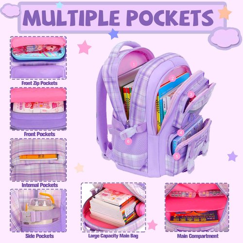 Psecoll 6Pcs Kawaii Backpack Set, Blue Backpack Plaid Laptop Bag Water-Resistant Lightweight Daypack, Large Capacity Double Shoulder Backpack with Chest Strap (Blue)