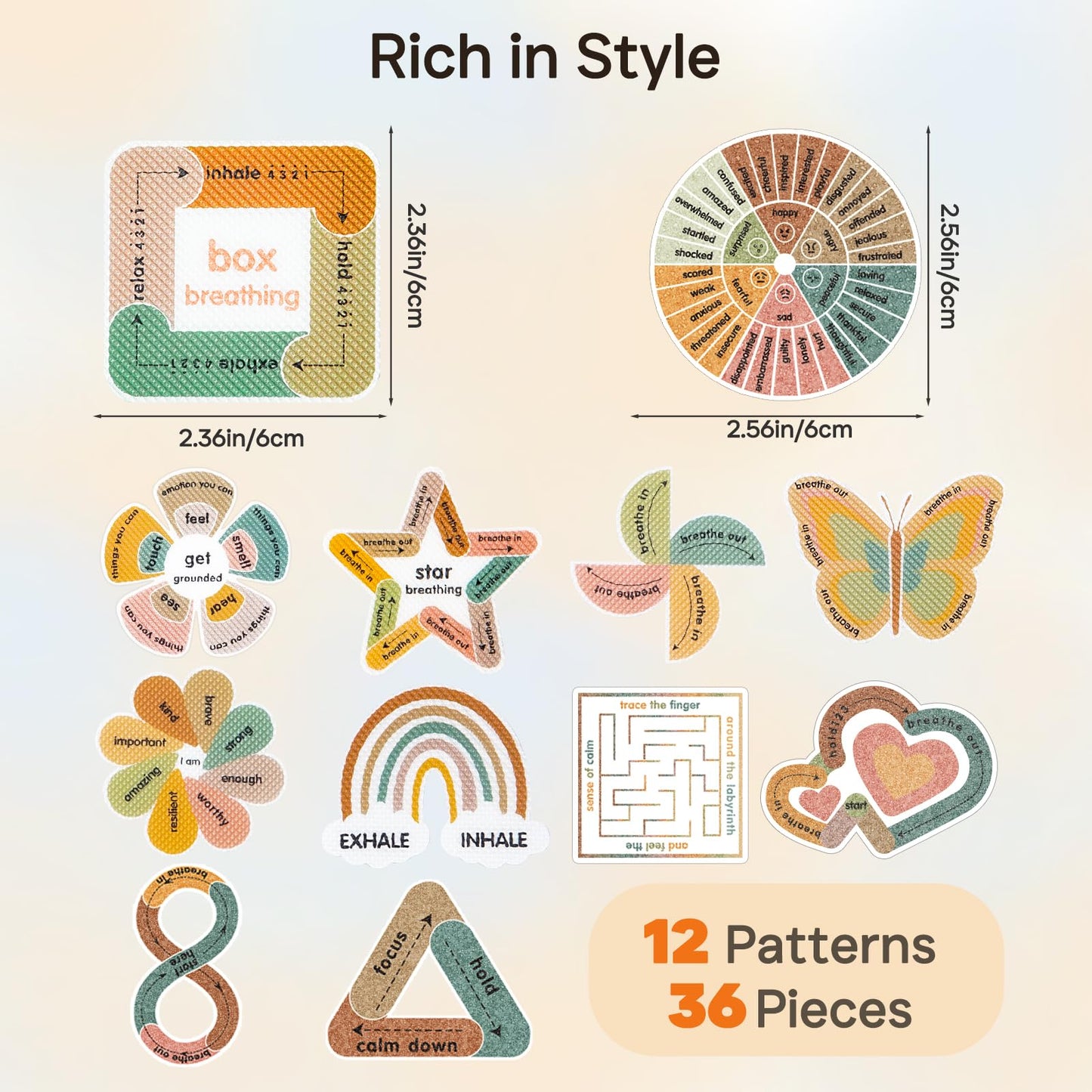 Sensory Strips for Anxiety Calming Stickers, 36Pcs 2 Textured for Mood Calming, Breathing Mindfulness Fidget Sticker for Adult Teen, Anxiety Relief at Office & Classroom Desk
