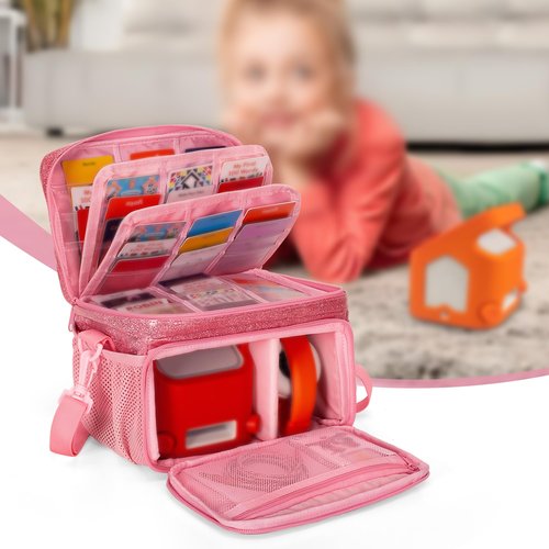 LoDrid Travel Carrying Case Compatible with Yoto Player Bluetooth Speaker, Audio Card Holder Holds up to 54 Cards with Shoulder Strap, Pink, Bag Only