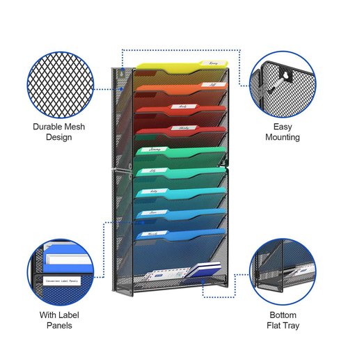 samstar 10 Tier Wall File Organizer, Hanging Wall Mount File Holder Paper Folder Mail Organizer, Mesh Metal, Black.