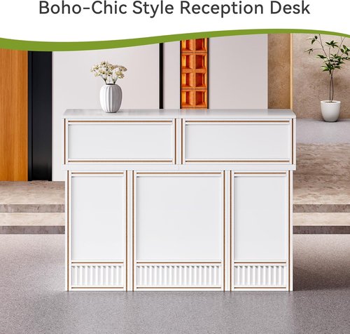 Little Tree 57-Inch Reception Desk - Modern Boho Style Front Desk for Retail, Salon, Office | White