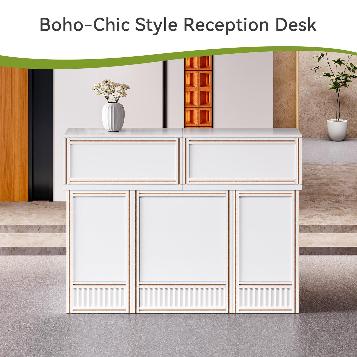 LITTLE TREE 57-Inch Reception Desk with Counter, Boho Style Front Desk, Modern Checkout Counter, Receptionist Desk for Retail, Lobby, Salon, Office, White
