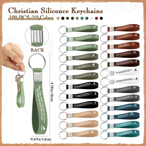 Feifeiya 100 Sets Pastor Appreciation Gifts Bulk Christian Bamboo Pen, Bible Verse Church Gift Religious Silicone Keychain with Emergency Scripture Bookmarks for Sunday School Baptism Party Favors