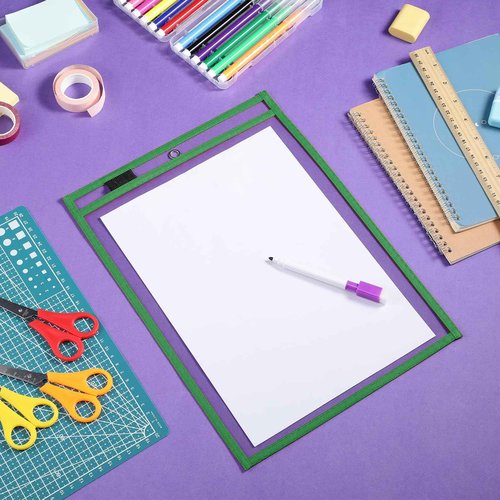 Nezyo Dry Erase Pockets Plastic Job Ticket Holders Shop Holder Order Pockets Clear Sleeves Tickets Folders Plastic Sleeves Paper Teacher Supplies for Classroom(14 x 10 in,Green,50 Pcs)