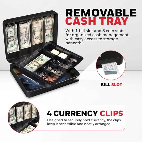 Honeywell Safes & Door Locks - Deluxe Small Cash Box with Removable Money Tray - Storage Under Tray & 8 Coin Slots - Durable Metal Safe with Key Lock - Saving Money Lock Box - Black, 0. 23 CU - 6113