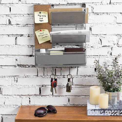 MyGift 16 x 12 Inch Wall Mounted Silver Tone Metal Office Organizer, Entryway Hanging 2 Slot Mail Sorter, Storage Bin Basket, Small Corkboard, and 5 Hook Key Holder