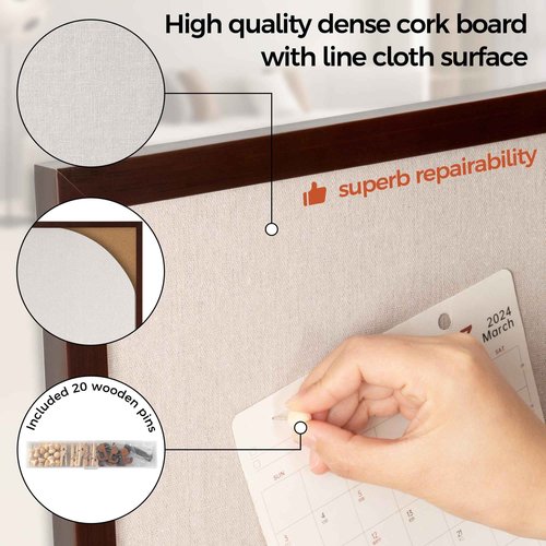 Fun Memories Cork Board Bulletin Board for Office, 24" x 36" Pine Wooden Framed Corkboard, Wall Mounted Notice Pin Board for School Home & Office, Dark Walnut