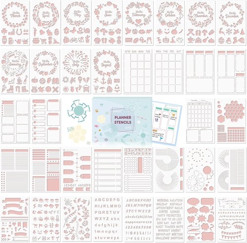 GYGOT 36 PCS Planner Stencils - Plastic Bullet Journal Accessories for A5 Dotted Journals | Ultimate Productivity & Seasonal Themes